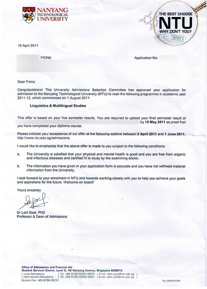 Admission letter from NTU