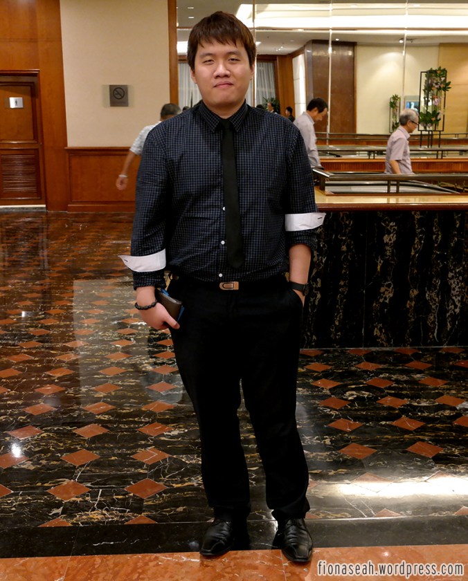 Boyfriend's ootd and his about-to-cough look. I bought him the skinny tie!!