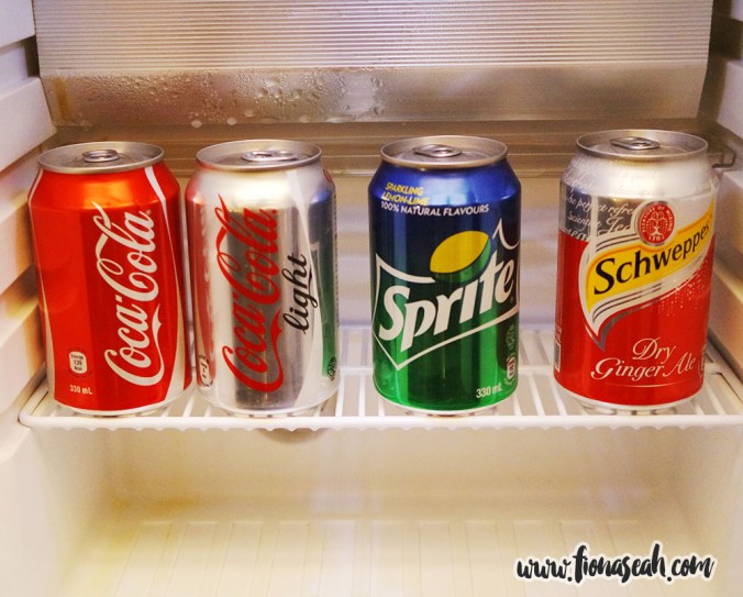 Lovin' the hotel's generosity: here's 4 more cans of complimentary canned soft drinks in the refrigerator