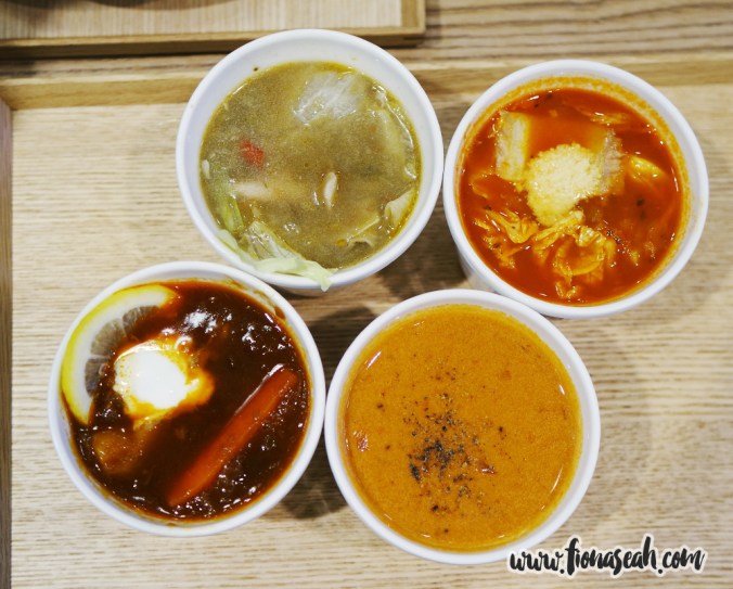 Soups (from top left, clockwise): Chicken Vegetable Soup, Pork and Tomato Stroganoff, Hokkaido Crab Bisque, Tokyo Beef Borsch