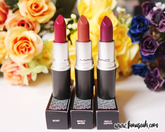 3 out of the 6 Veluxe à Trois lipsticks - (from left) Heaux, Royally Riotous and Quelle Surprise