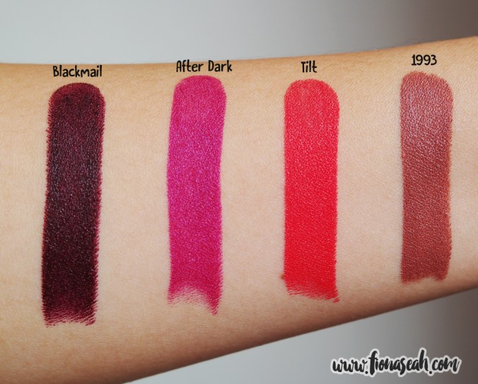 Urban Decay Matte Revolution Lipsticks in Blackmail, After Dark, Tilt and 1993