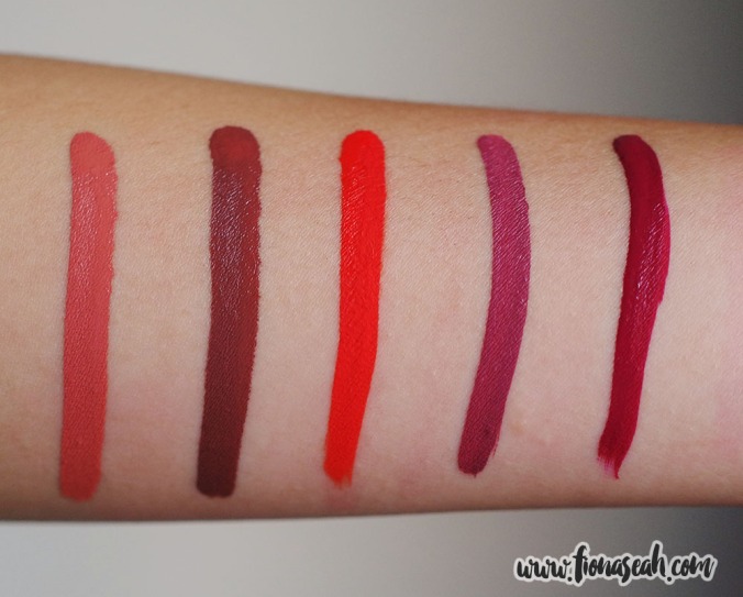 Swatches (from left): Instigator, Chilly Chili, First Class, Bad Habit, More Better