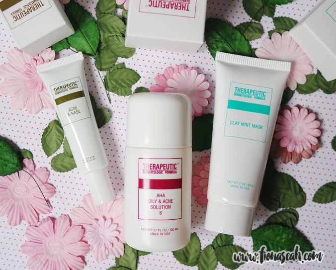 (from left) Acne E-Rase, AHA Oily & Acne Solution & Clay Mint Mask from Therapeutic Dermatologic Formula