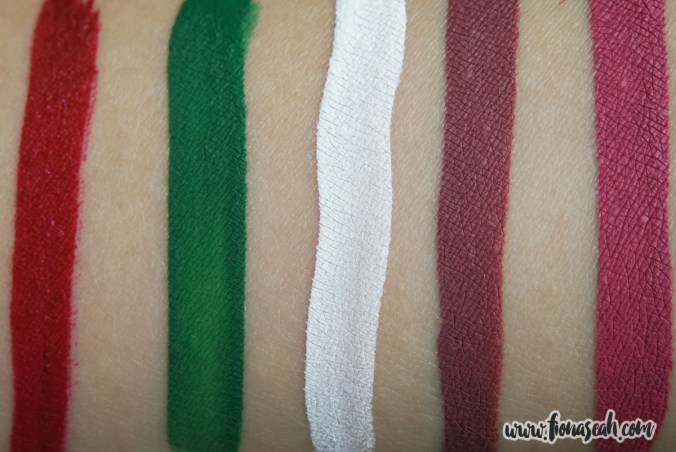 Swatches at a glance, from left: Hoe Hoe Hoe, Mistletoe, Drug Lord, Androgyny & Doll Parts