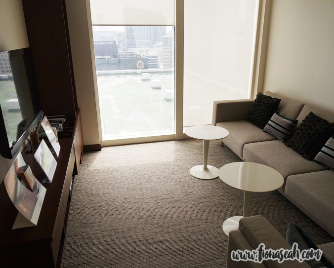 Resting room equipped with a TV and a nice, comfy couch. What's more, a nice view of Orchard Road!
