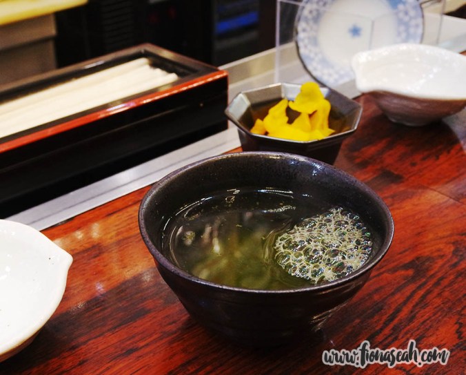 Once seated, we were served a bowl (?) of hot green tea, pickles and miso soup (not pictured)