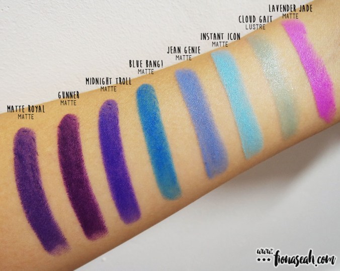 Swatch comparison among all the blues. Proof that I don't own any blue lippy at all.. (Trashy Cloud Gait doesn't count)