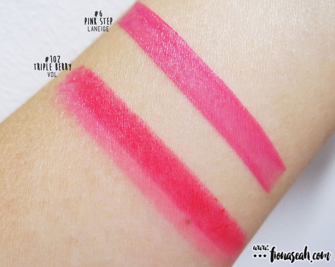 VDL #102 Triple Berry compared with Laneige Two-Tone Lip Bar in #6 Pink Step