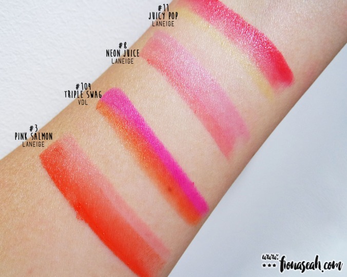 VDL #104 Triple Swag compared with similar-looking Laneige Two-Tone Lip Bar shades