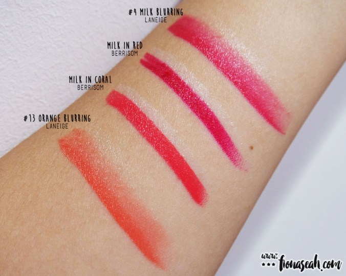 Swatch comparison for Milk in Coral and Milk in Red