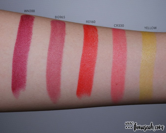 shu uemura Rouge Unlimited lipsticks - 5 of the 38 shades - swatches