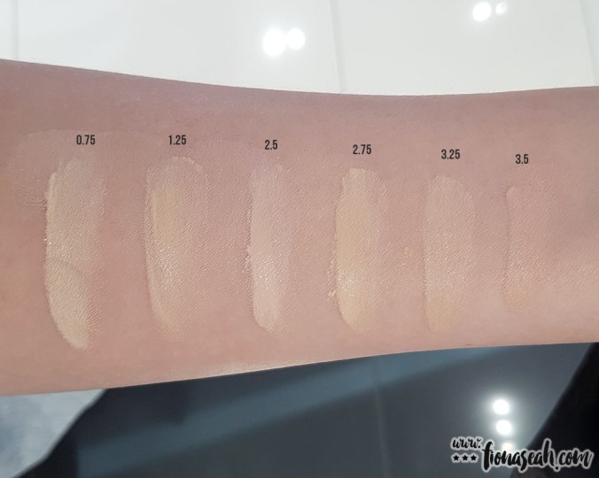 All 6 shades swatched (using fingers). The shades 2.5, 3.25 and 3.5 of Naked Skin Glow Cushion correspond with those of Weightless Ultra Definition Liquid Makeup