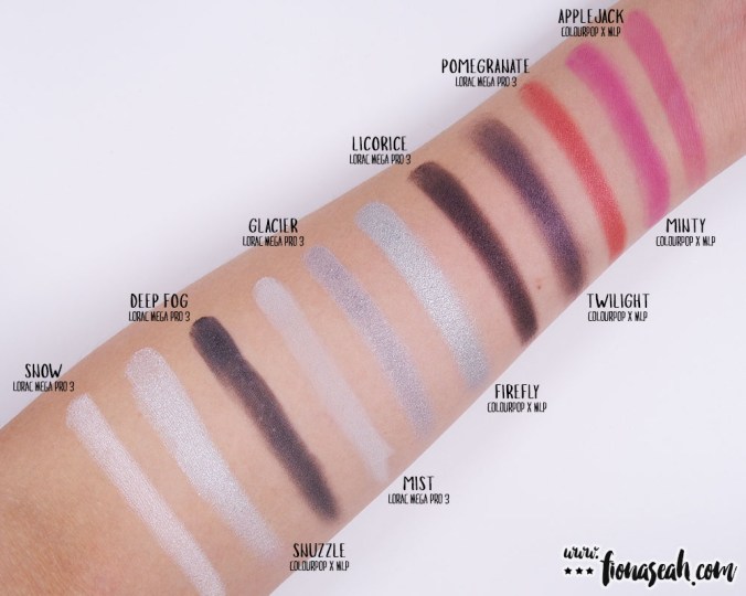 Swatch comparison for the cools against Lorac Mega PRO 3 Palette