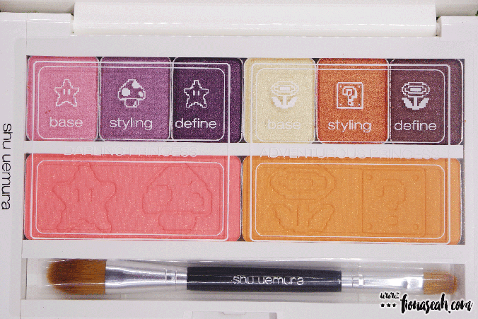 From top row, left to right: IR pink, S mauve, P plum, G gold light, ME orange, ME bronze eye shadows (1.0 g x 6 / 0.03 oz) // bottom: dreamy peach, brave orange glow ons (3.5 g x 2 / 0.12 oz)