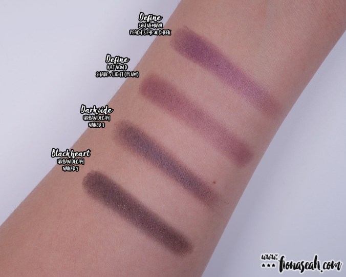 Compare Define with other similar shades from the Kat Von D Shade + Light (Plum) and Urban Decay Naked 3 palettes