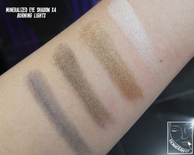 Swatches for Burning Lights eye shadow quad (those of Golden Shine will be shown later in the review). I was initially planning to get this but the blue really disappointed me. The colour when swatched was nowhere near the vibrant blue on the palette (it actually looks like grey?) and it had a messy, talc-like consistency. Nope.