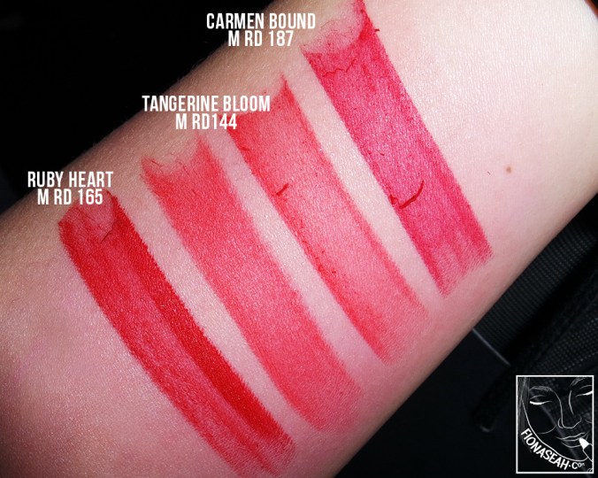 Swatched: Carmen Bound, Tangerine Bloom (accidentally swatched this twice), Ruby Heart. Not in picture: Yaz Red (scroll down to the review for swatches)