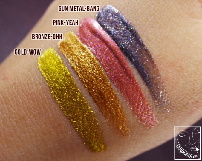 Swatched: Gun Metal - BANG, Pink - YEAH, Bronze - OHH, Gold - WOW