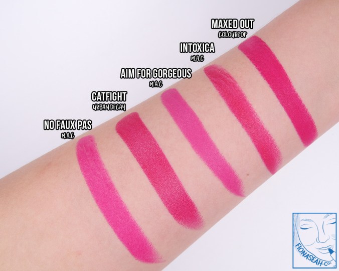 Swatch comparison for Maxed Out - Intoxica is lighter and warmer and Catfight is deeper and cooler