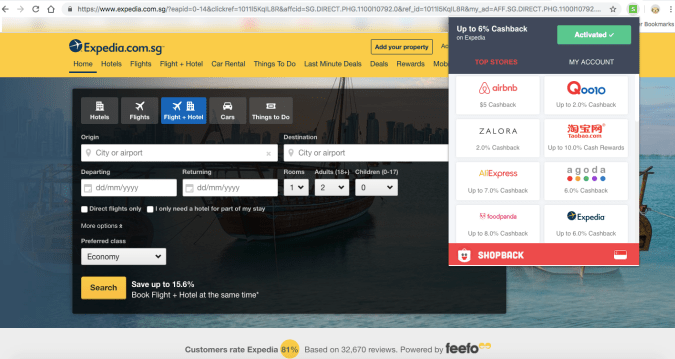 Once cashback is activated, the button turns green