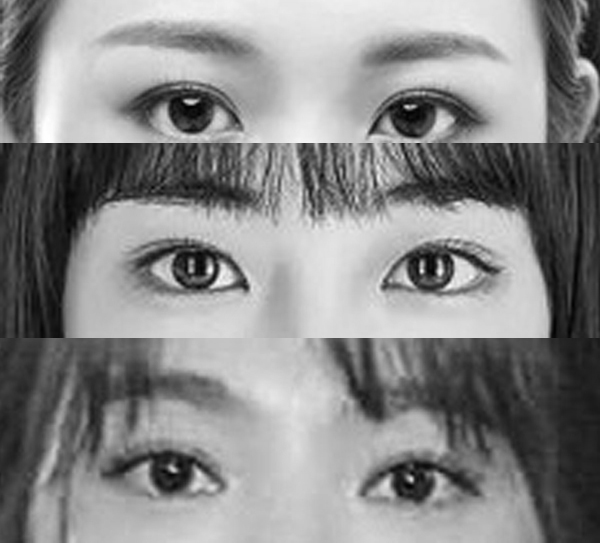 Three pair of female Asian eyes: can you tell which ethnicity they belong to just by looking at their eyes? (picture decolourised as the differing picture quality may be a distraction)